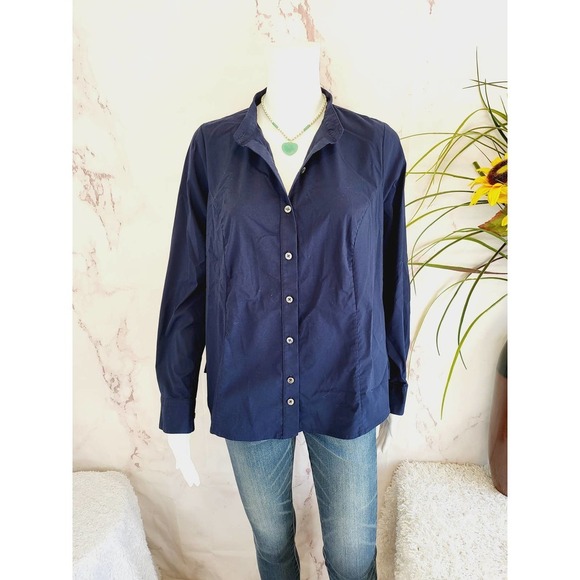 Pari Passu Mandarin Collar Button Up Shirt Fit B: "Curvier Body Type" Navy - Picture 8 of 8